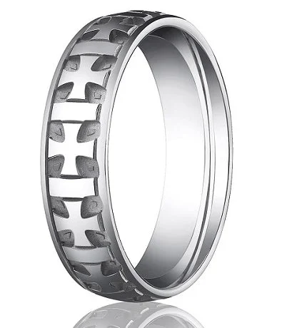 Comfort Fit 18K White Gold Wedding Band with Designer Carved Crosses and Polished & Brushed Finish – 6 mm