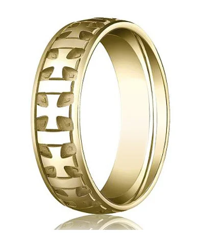 Comfort Fit 18K Yellow Gold Wedding Band with Designer Carved Crosses and Polished & Brushed Finish – 6 mm