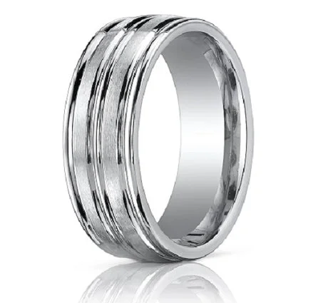 Comfort Fit 18K White Gold Wedding Band with Designer Engraved & Polished Finish – 8 mm