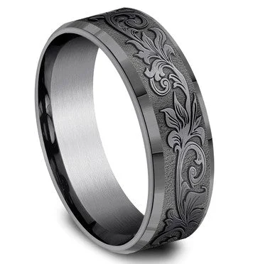 Dark Tantalum Vintage Script Pattern Beveled Edges ring