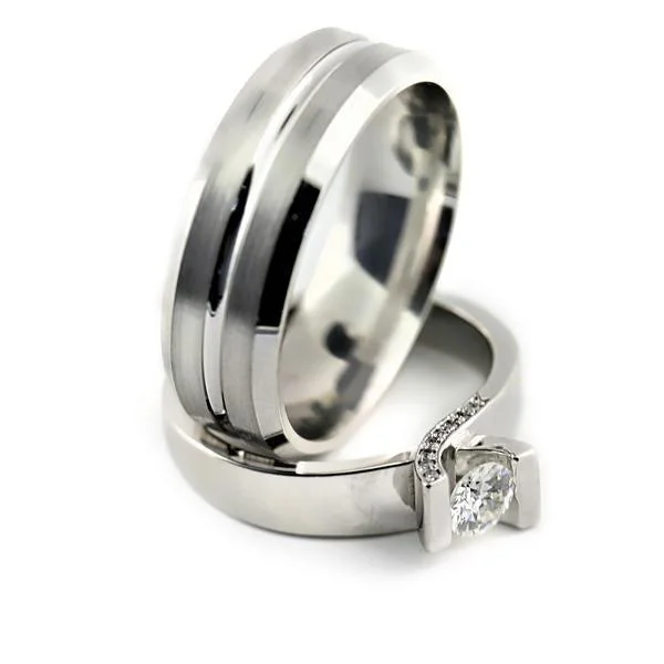 Tension Setting Engagement Ring and Men's Wedding Band Set