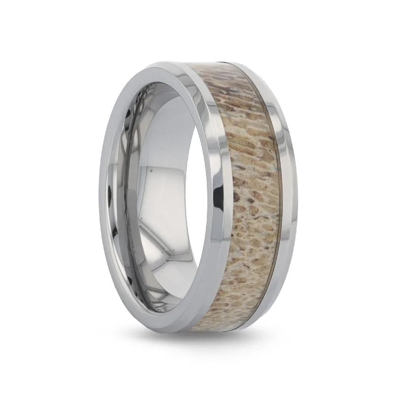 Personalized Engraved Pendant VENADO Beveled Tungsten Carbide Polished Men's Wedding Band with Variable Antler Inlay - 8mm Personalized Engraved Pendant VENADO Beveled Tungsten Carbide Polished Men's Wedding Band with Variable Antler Inlay - 8mm