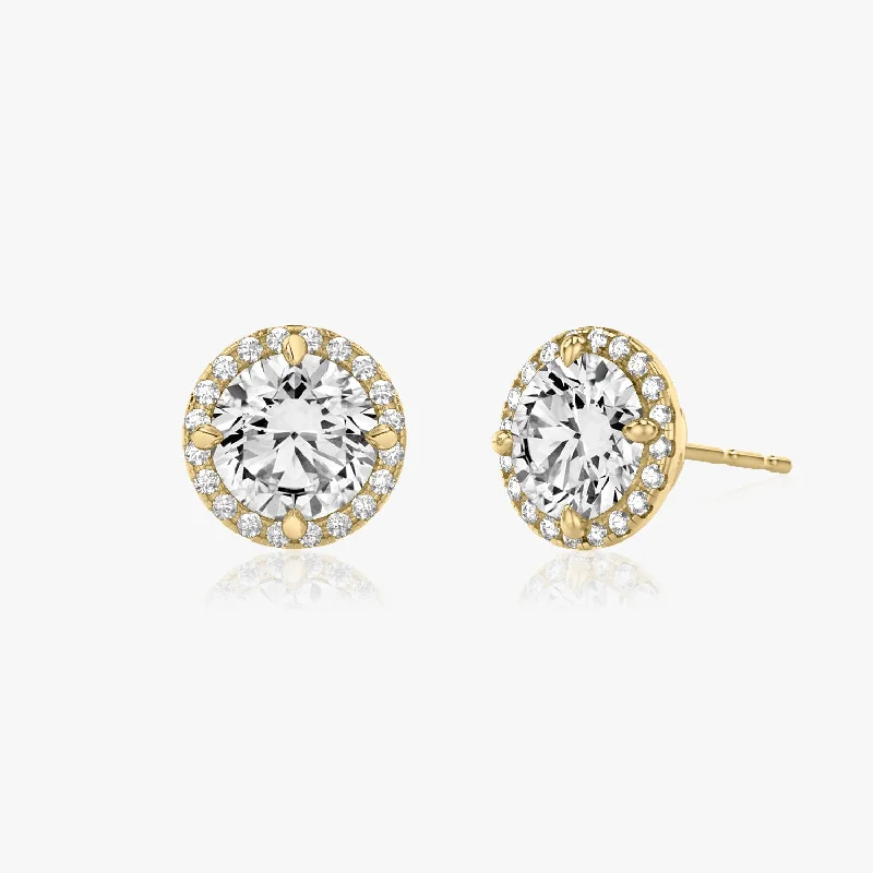 Minimalist Gold Bracelet Brilliant Round Halo 14K Gold Studs w. Lab-Grown Diamonds