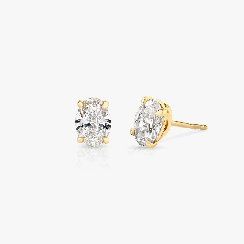 Crystal Drop Earrings Solitaire Oval 14K Gold Studs w. Lab-Grown Diamonds