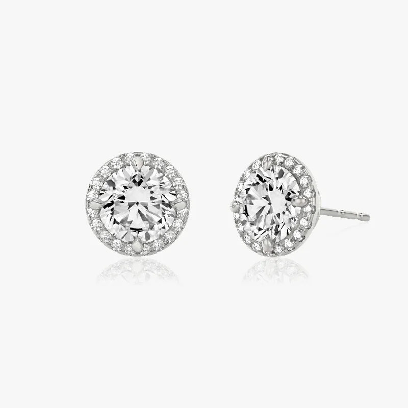 Luxury Gemstone Earrings Brilliant Round Halo 14K Whitegold Studs w. Lab-Grown Diamonds