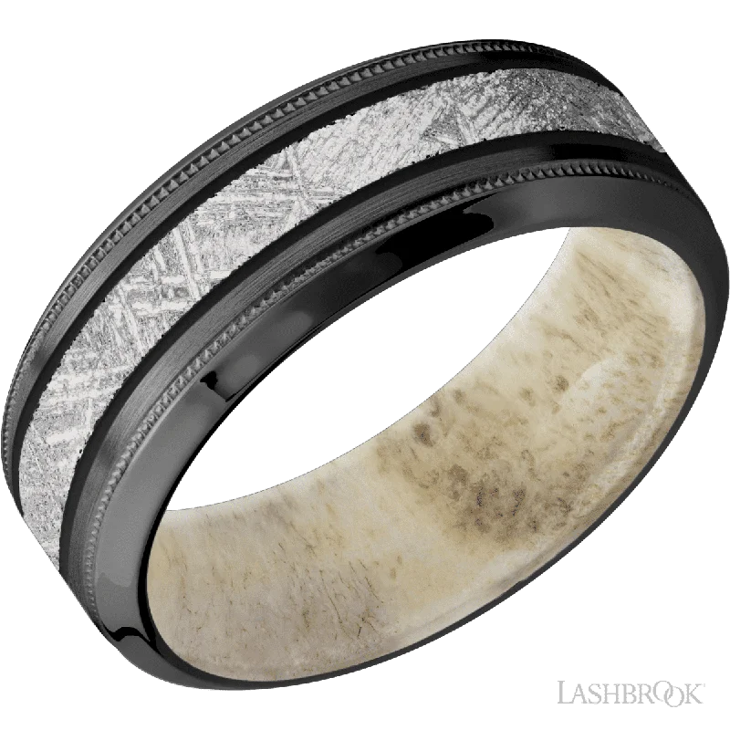 Zirconium with Satin , Polish Finish and Meteorite Inlay and Antler - 8MM