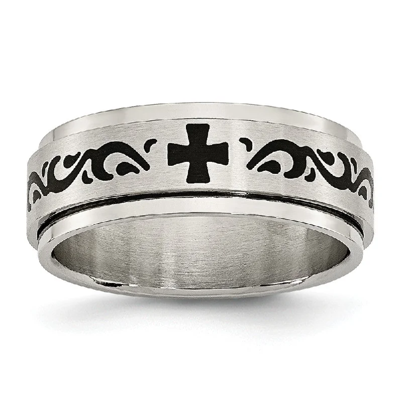 7mm Stainless Steel And Black Enamel Spinner Ring