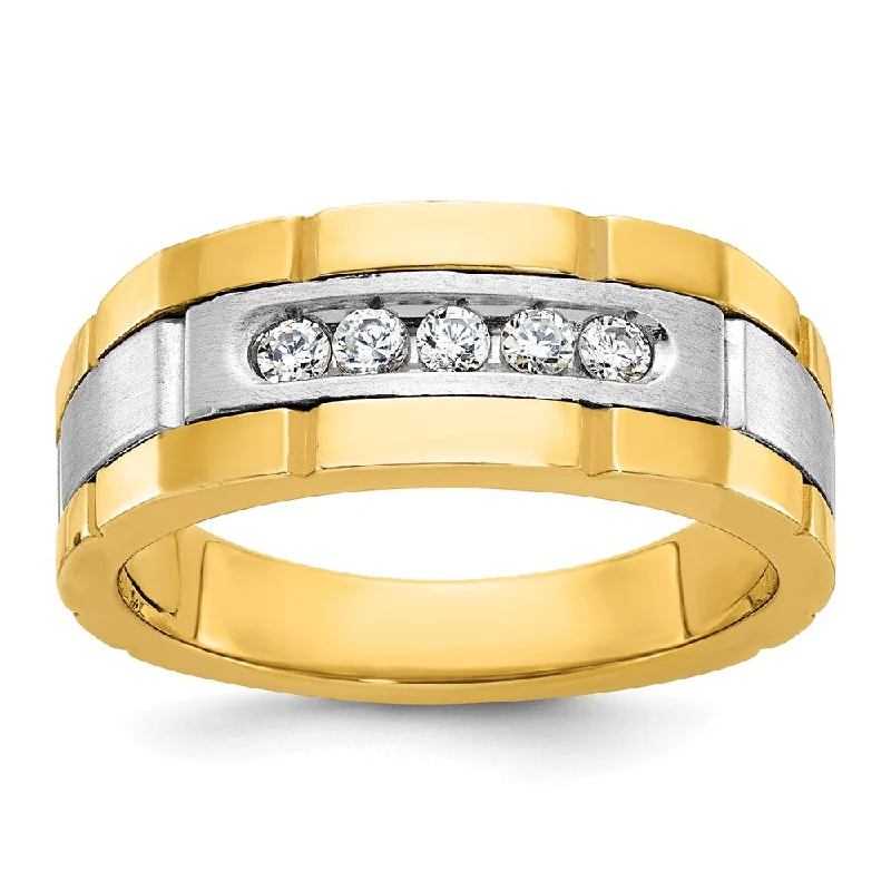 8.5mm 14K Two Tone Gold Grooved 5-Stone 1/4 Ctw Diamond Tapered Band